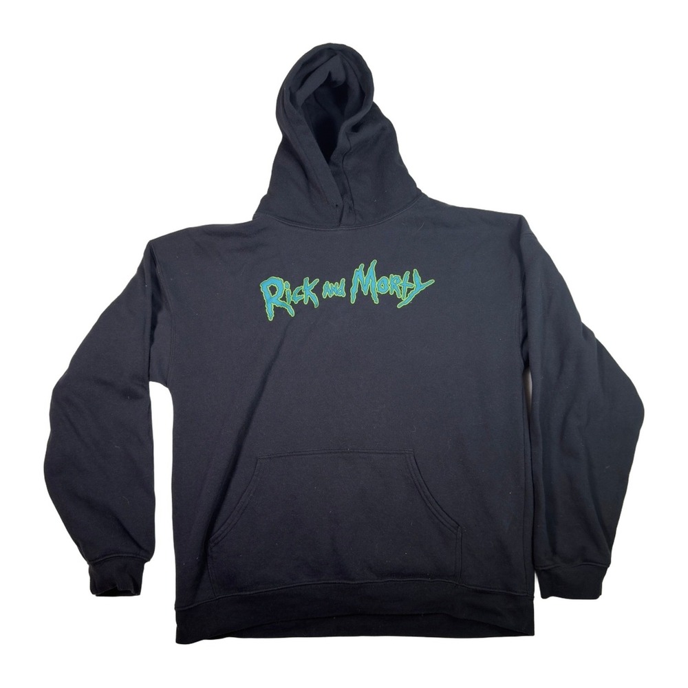 Rick and Morty Black Graphic Hoodie Adult Swim Licensed Size L Pullover